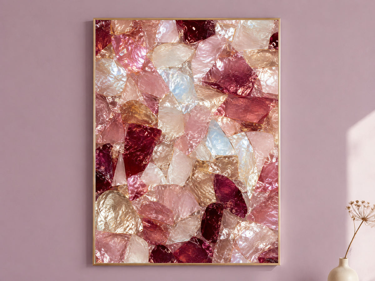 Pink crystal wall art print of a gemstone mosaic abstract framed in gold, hung on a dusty mauve wall