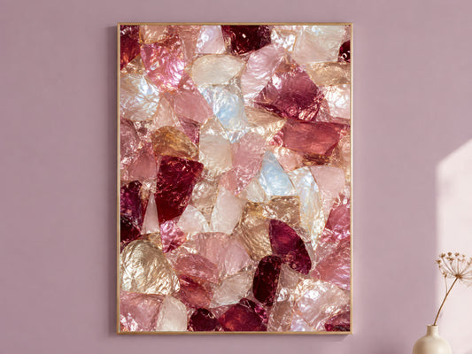 Pink crystal wall art print of a gemstone mosaic abstract framed in gold, hung on a dusty mauve wall