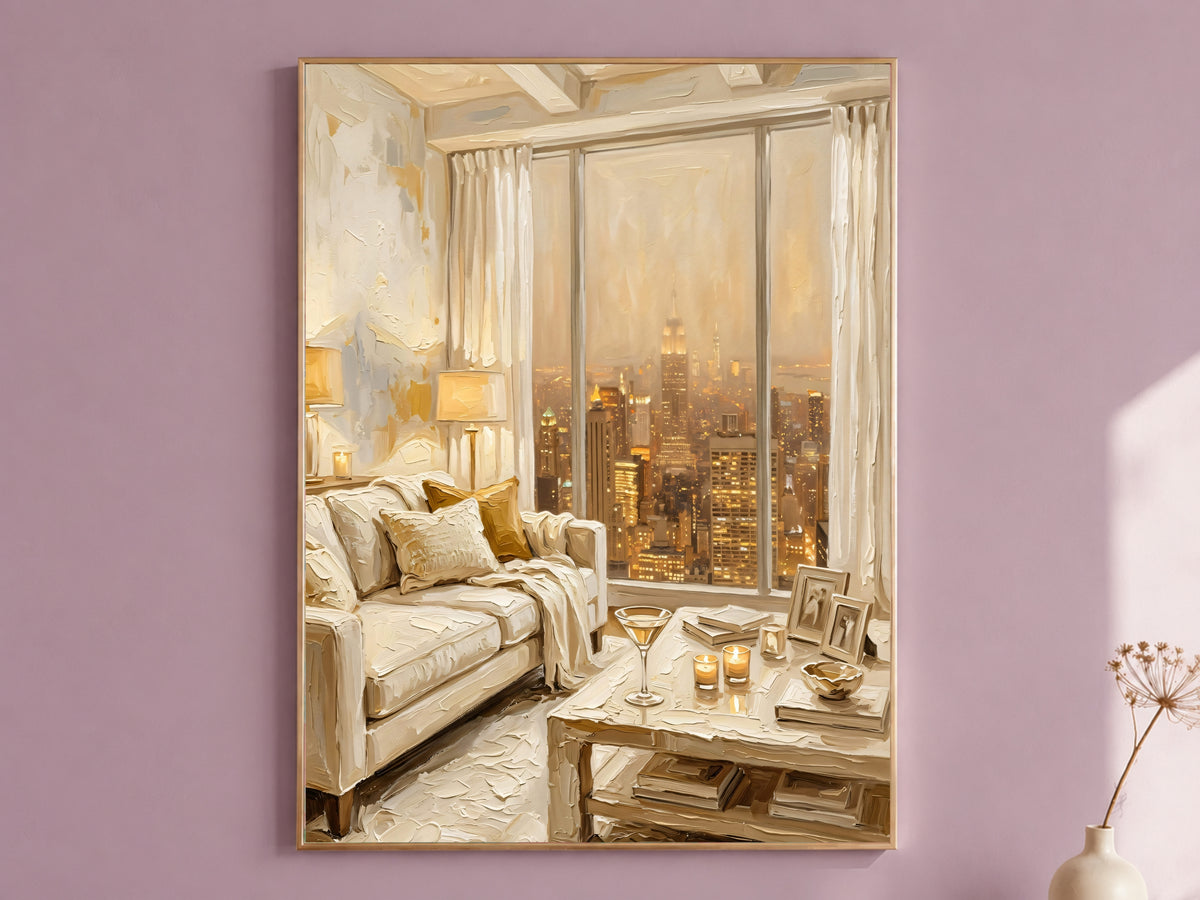 NYC Apartment View Wall Art, Cozy New York Skyline Print - Digital Download