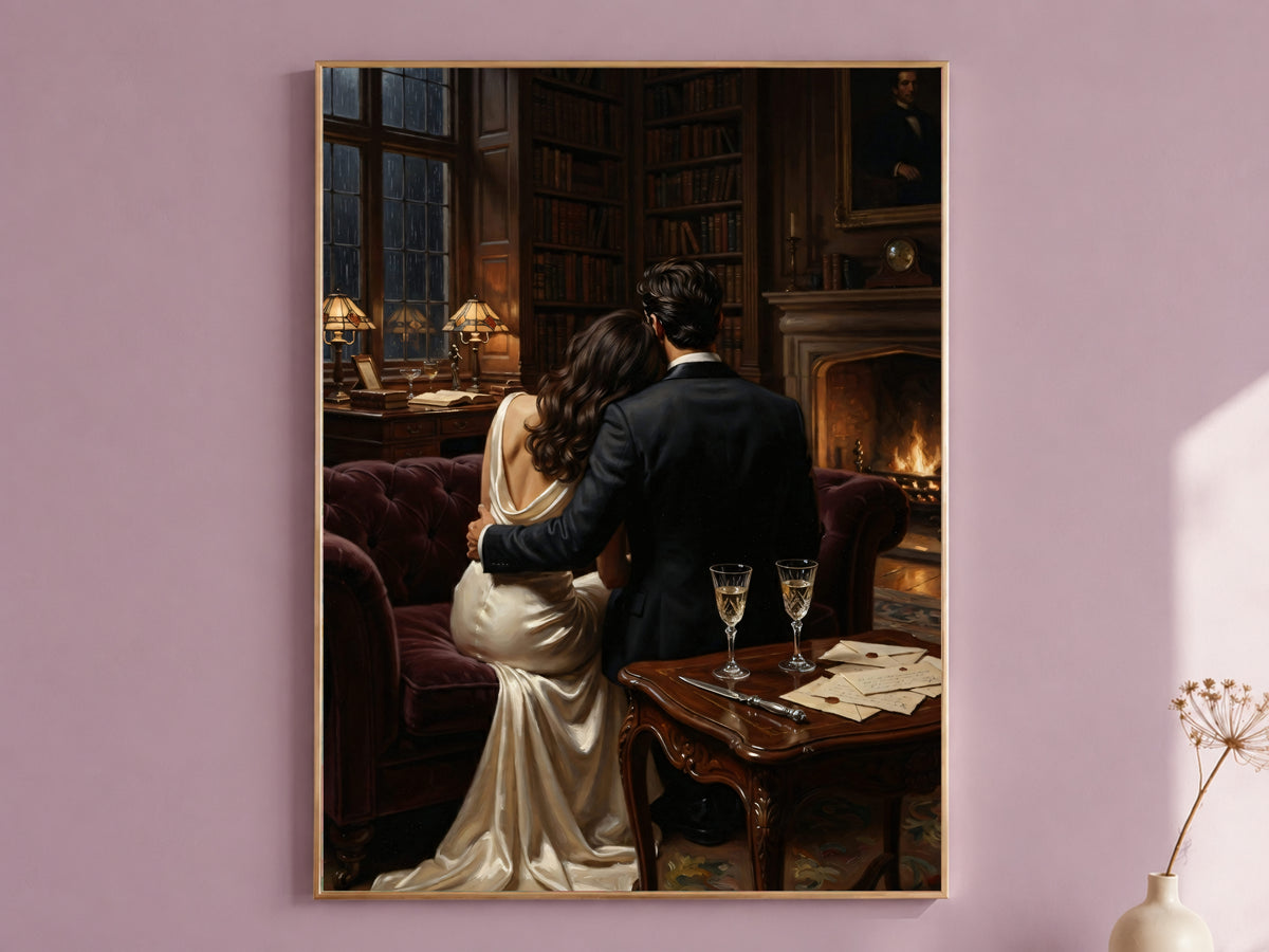 Dark Academia Couple Print, Romantic Victorian Library Wall Art - Digital Download