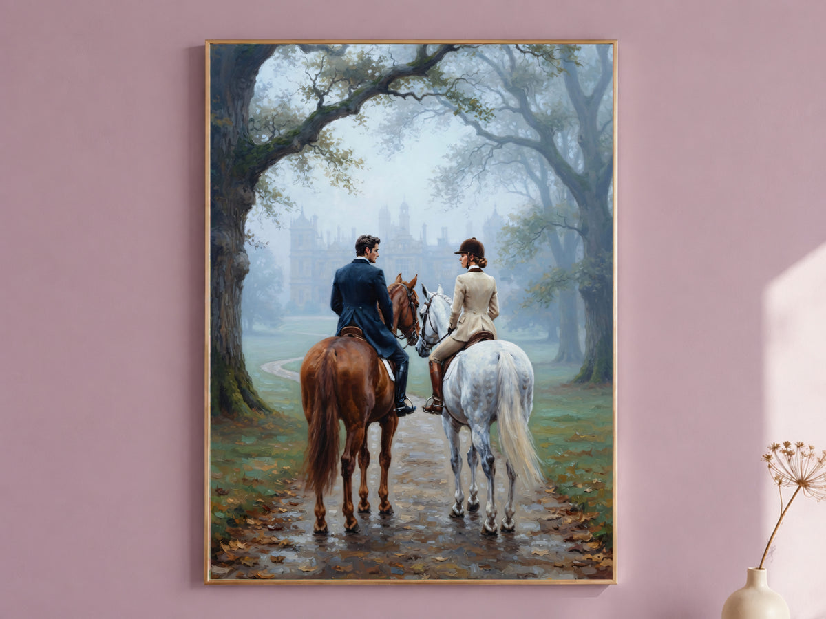 Equestrian Couple Wall Art, Horseback Riding Oil Painting Print - Digital Download