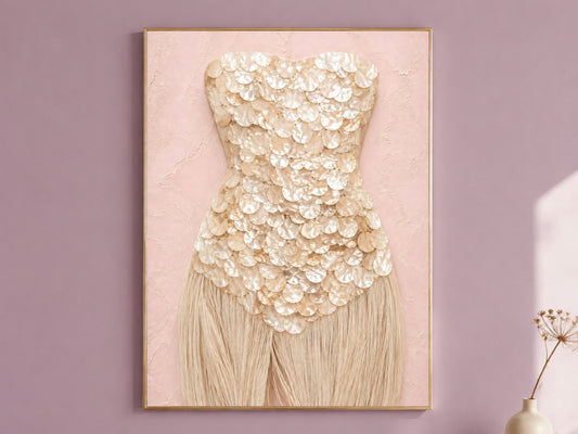 Champagne mother of pearl wall art print with sandy fringe, framed in gold against a mauve wall.