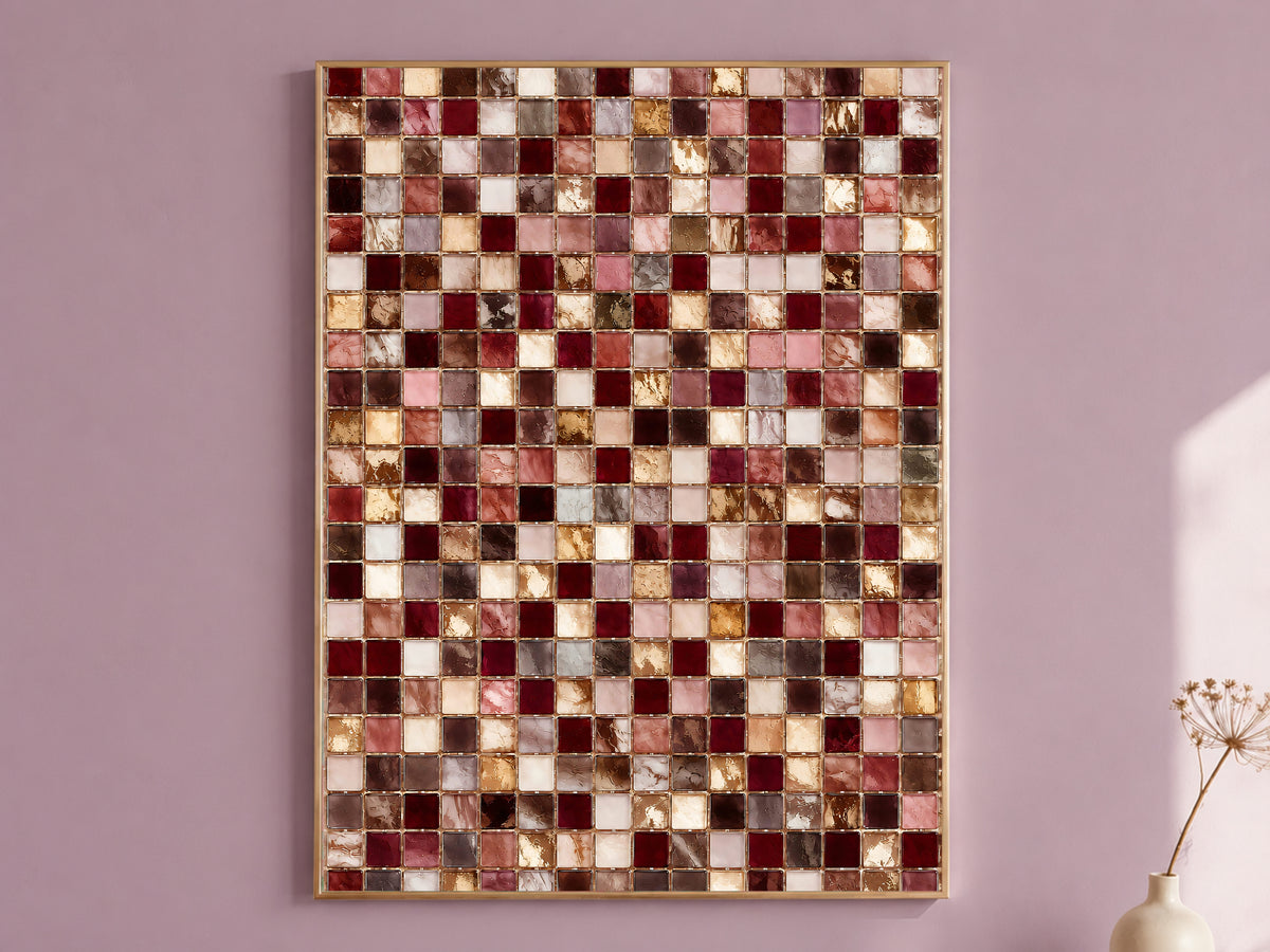 Pink and Burgundy Mosaic Tile Wall Art Print, Dusty Rose, Mauve and Gold Tile Grid Painting, Printable Romantic Decor, Digital Download