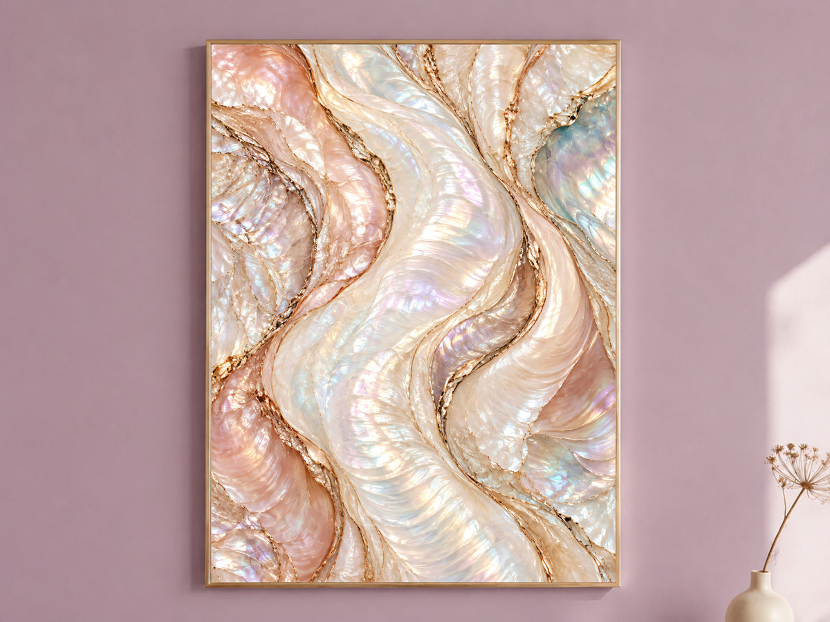 Opal Abstract Wall Art, Blush Pearl Wave Print, Rose Gold Marble Swirl, Pink Bedroom Decor, Feminine Opalescent Poster, Instant Download