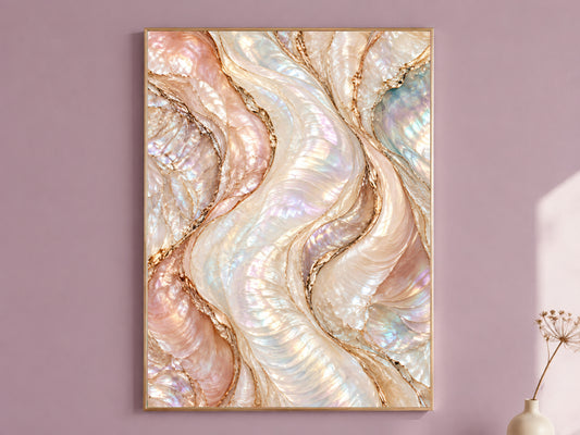 Opal Abstract Wall Art, Blush Pearl Wave Print, Rose Gold Marble Swirl, Pink Bedroom Decor, Feminine Opalescent Poster, Instant Download