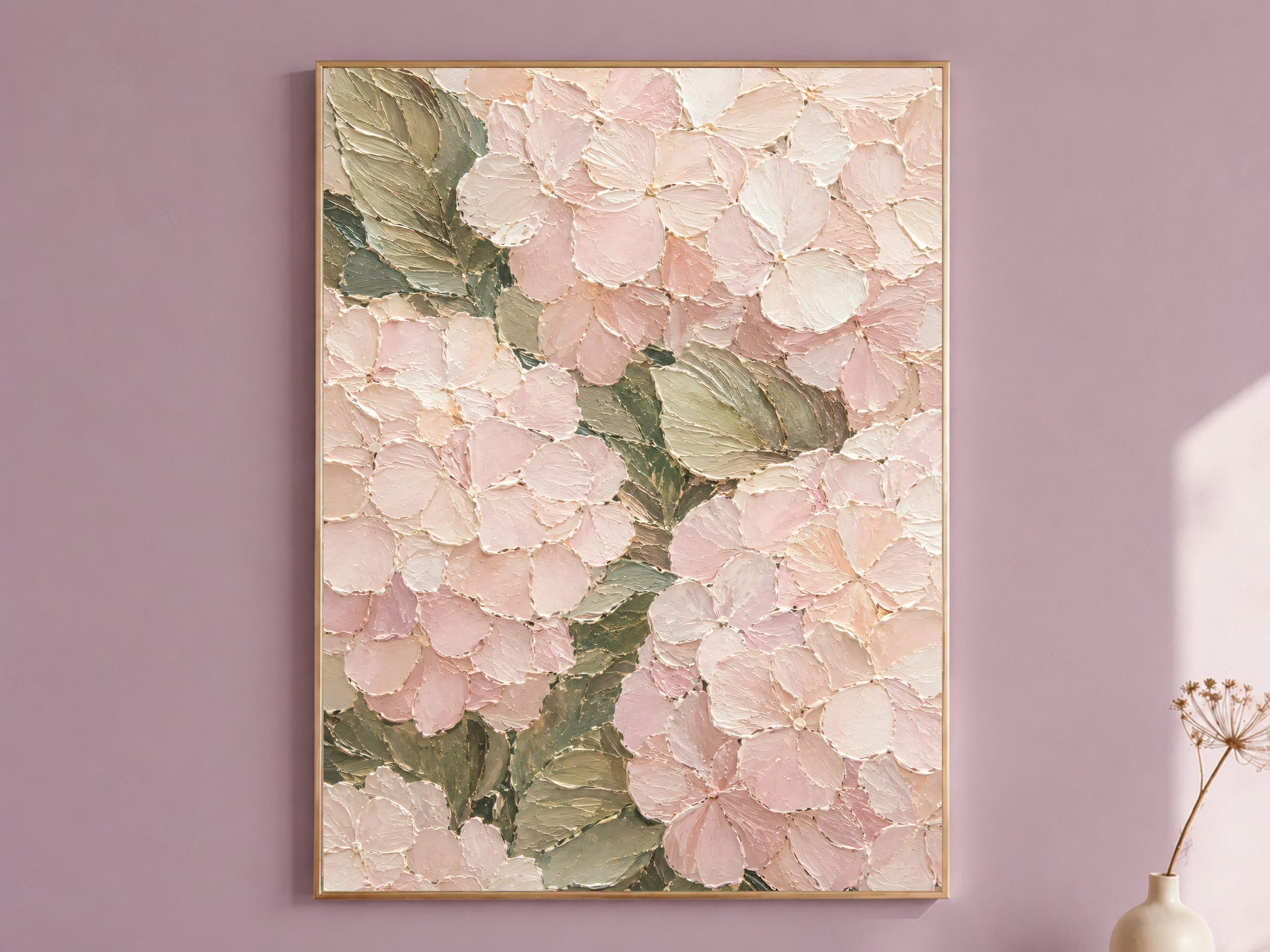 Pink hydrangea impasto print in gold frame on mauve wall, sage green and blush pink wall art