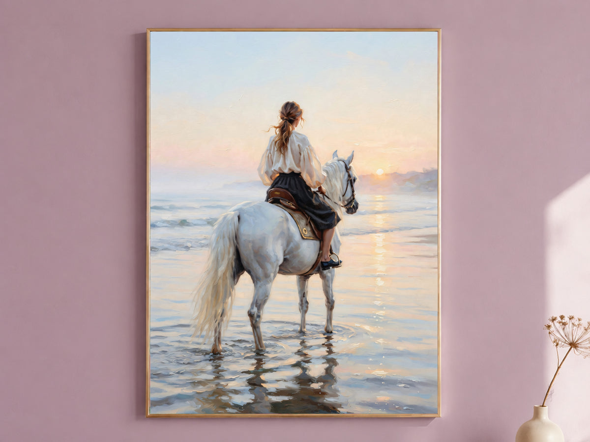 Woman on White Horse Wall Art, Beach Sunset Oil Painting Print - Digital Download