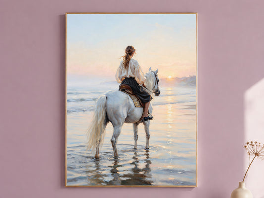 Woman on White Horse Wall Art, Beach Sunset Oil Painting Print - Digital Download