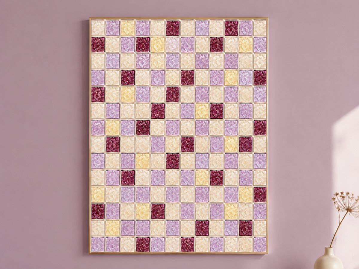 Purple mosaic wall art print in a thin gold frame hanging on a mauve wall, styled with a small vase of dried flowers