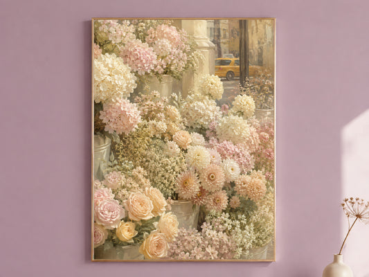 Flower Market Wall Art, Pastel Floral Print, Painterly City Flowers Painting - Digital Download