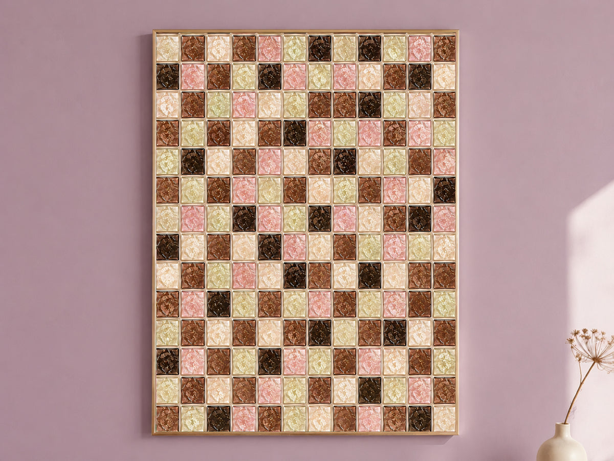 Chocolate sage mosaic wall art print in a thin gold frame hanging on a mauve wall, styled with a small vase of dried flowers
