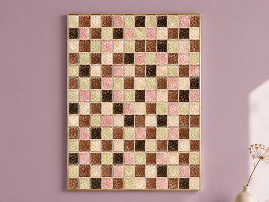 Chocolate sage mosaic wall art print in a thin gold frame hanging on a mauve wall, styled with a small vase of dried flowers