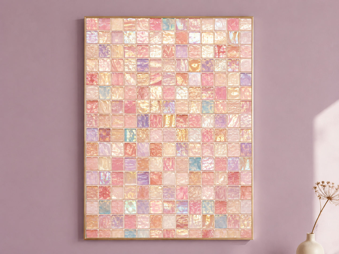 Iridescent mosaic wall art in gold frame on mauve wall, pink dopamine decor print