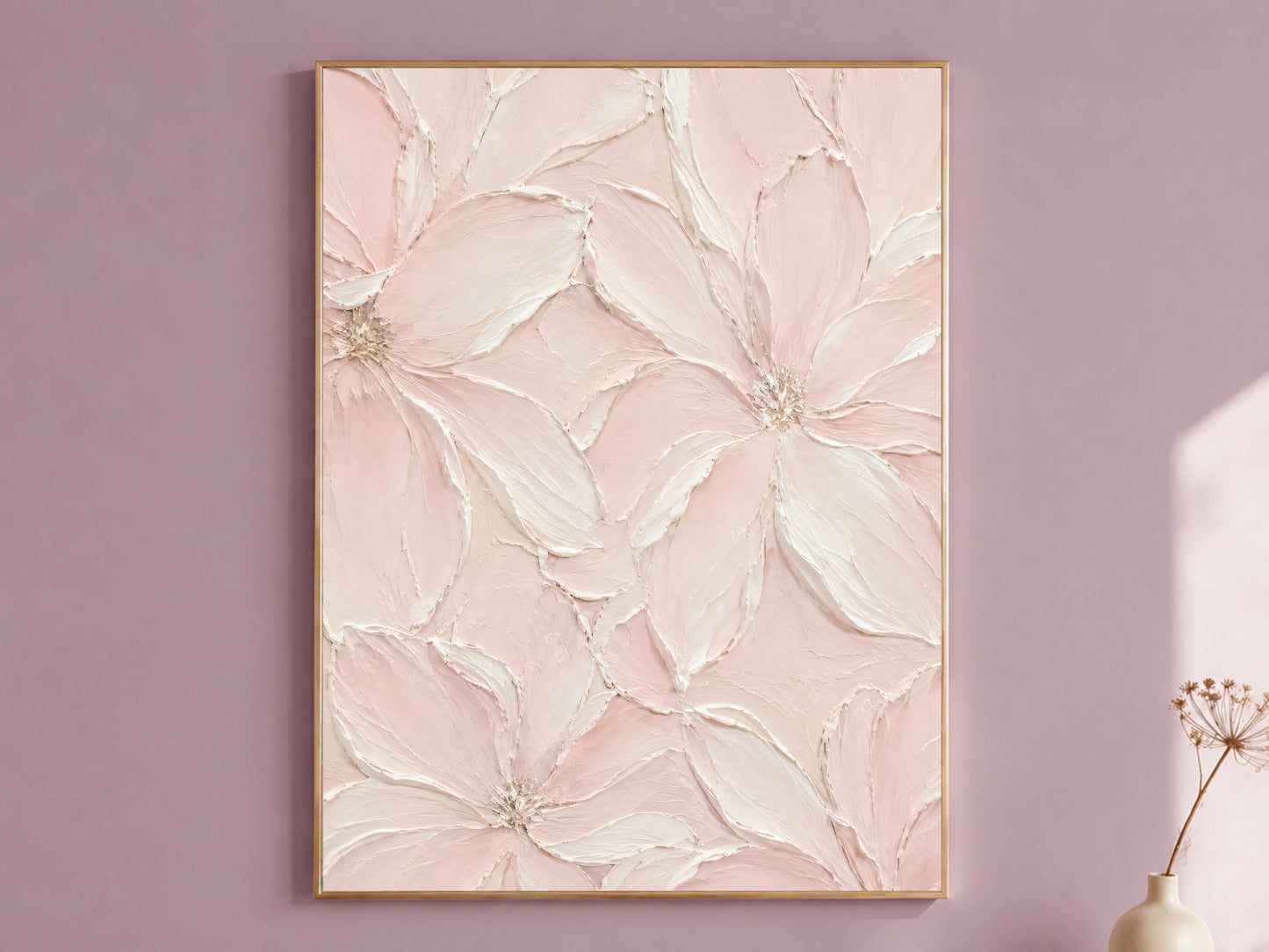 Blush pink impasto floral wall art in gold frame on mauve wall