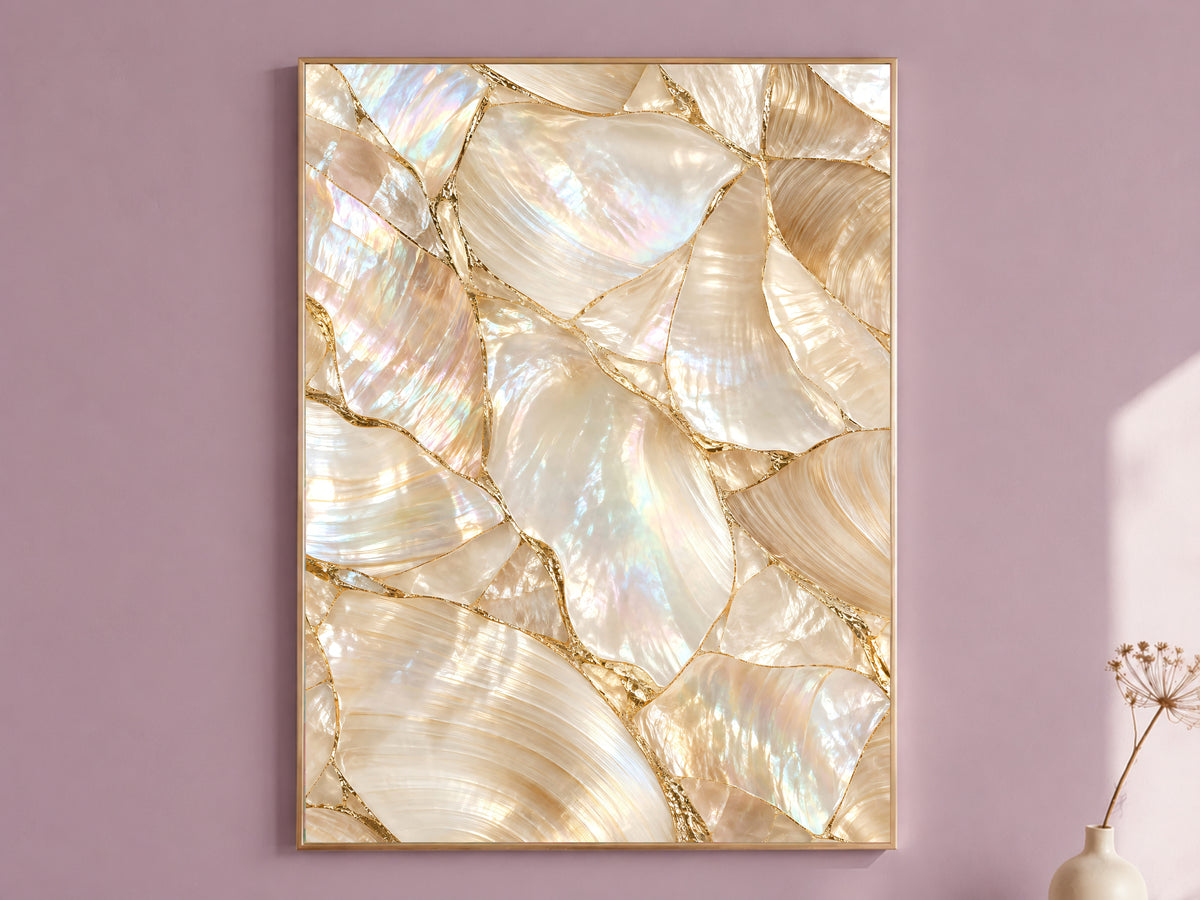Mother of Pearl Wall Art, Iridescent Shell Print, Gold Kintsugi Coastal Decor, Pearlcore Bathroom Poster, Neutral Printable Instant Download