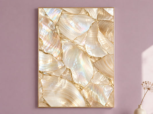 Mother of Pearl Wall Art, Iridescent Shell Print, Gold Kintsugi Coastal Decor, Pearlcore Bathroom Poster, Neutral Printable Instant Download