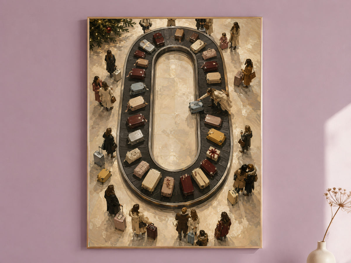Framed luggage carousel painting on mauve wall, colorful suitcases from above