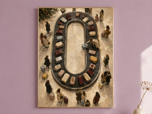 Framed luggage carousel painting on mauve wall, colorful suitcases from above