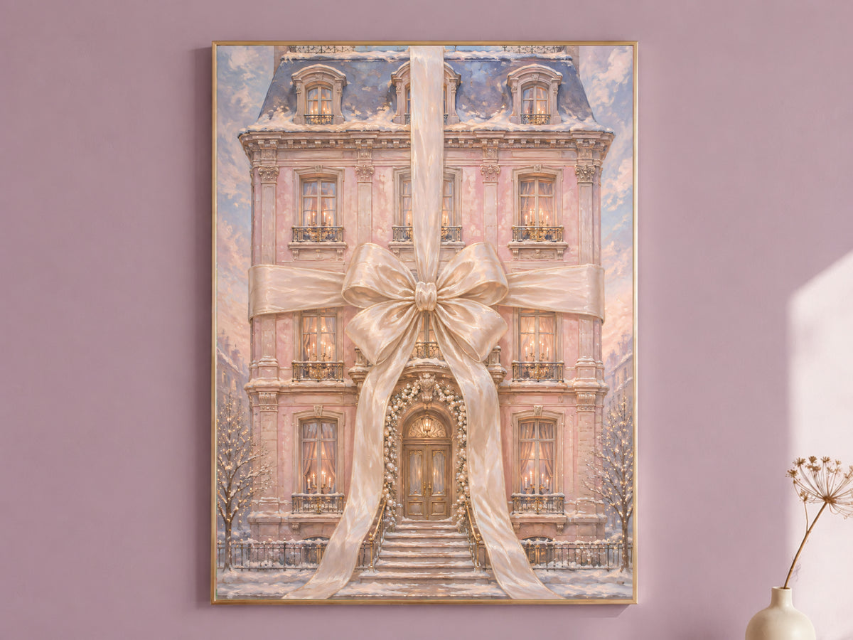 Pink chateau Christmas wall art print framed in gold on a mauve wall, gift wrapped mansion digital download