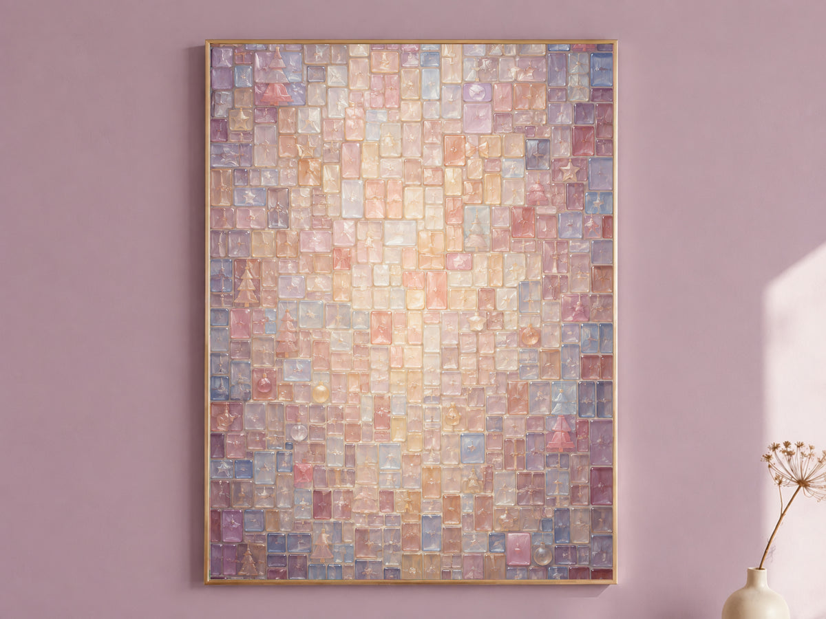 Stained glass mosaic Christmas wall art print framed in gold on a mauve wall, pastel digital download