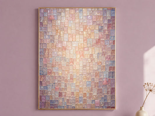 Stained glass mosaic Christmas wall art print framed in gold on a mauve wall, pastel digital download