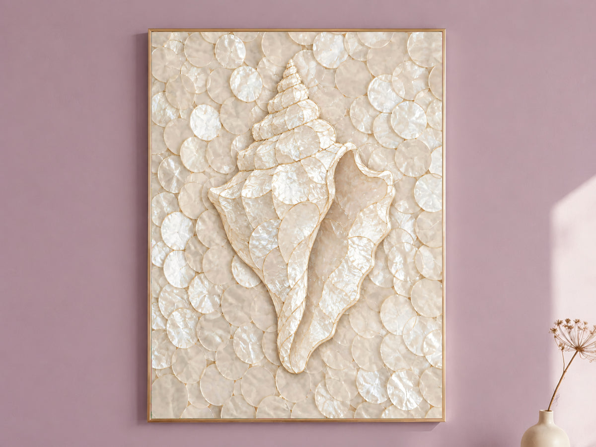 Conch Shell Mosaic Wall Art, Gold Line Seashell Print - Digital Download