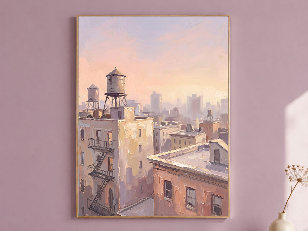 NYC Water Tower Wall Art, Impasto Oil Painting Print - Digital Download