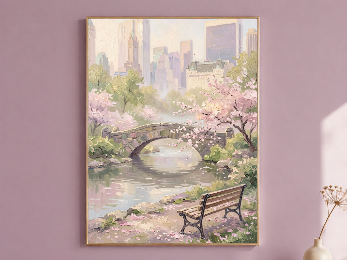 Central Park Cherry Blossom Print, Gapstow Bridge NYC Spring Wall Art - Digital Download