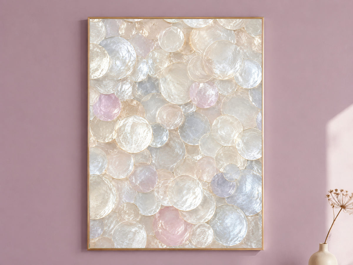 Capiz shell wall art print in pastel iridescent tones framed in gold, hung on a dusty mauve wall