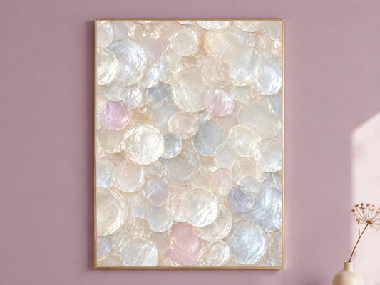 Capiz shell wall art print in pastel iridescent tones framed in gold, hung on a dusty mauve wall
