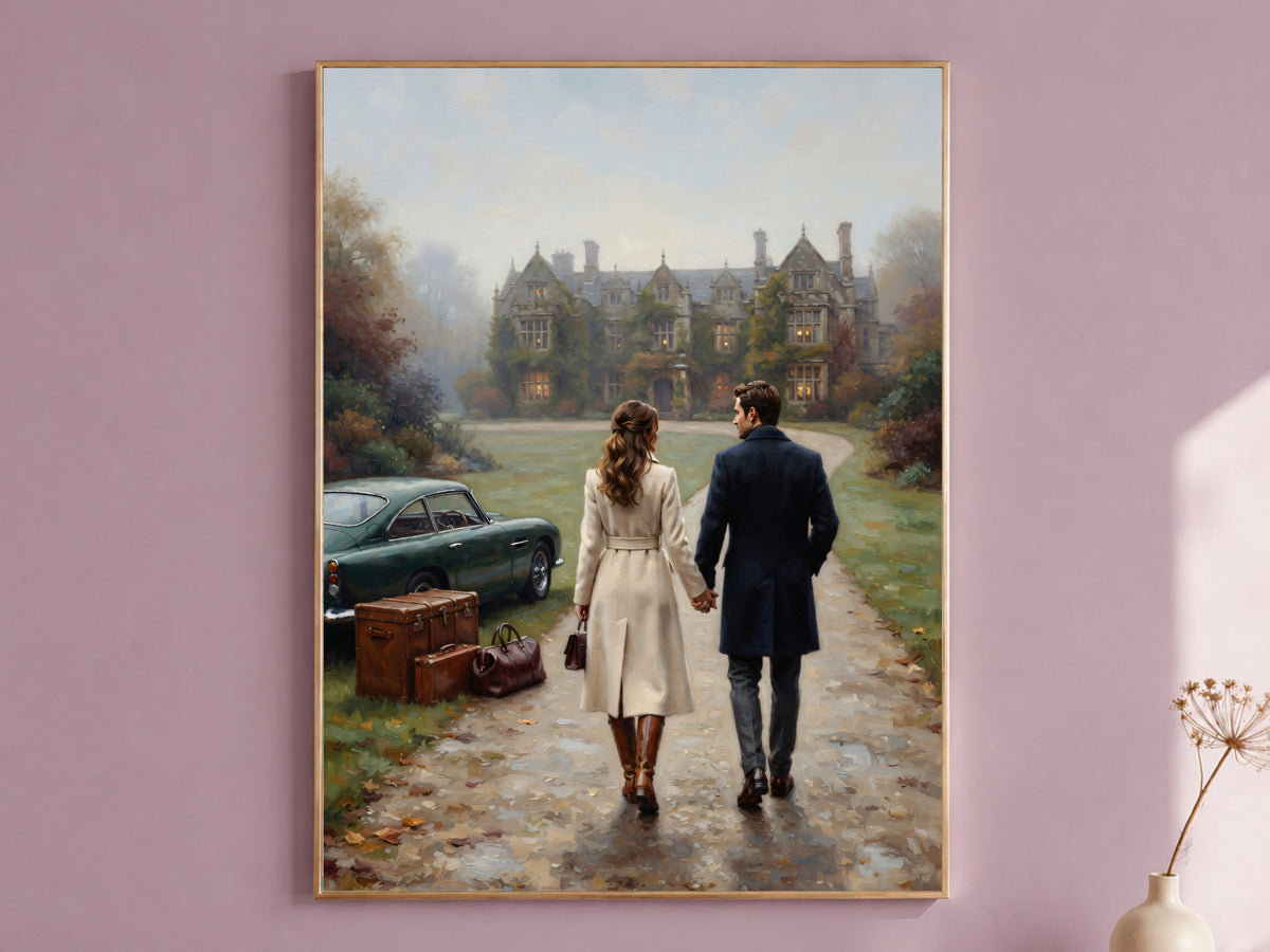 English Manor Estate Wall Art, Autumn Couple Oil Painting Print - Digital Download