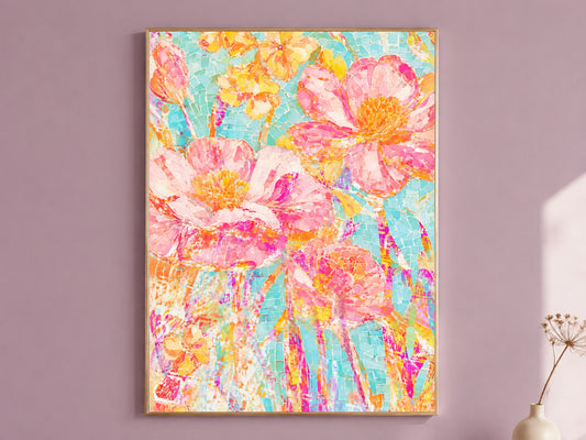 Mosaic Flower Wall Art, Pink and Turquoise Floral Print, Mediterranean Tile Style Painting, Colorful Summer Decor, Printable Download