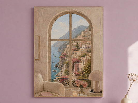 Amalfi Coast Window View Wall Art, Positano Impasto Print - Digital Download