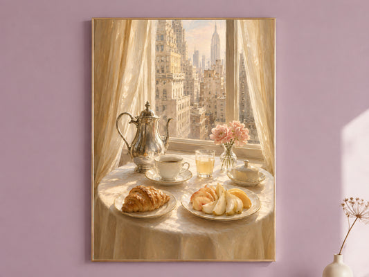 Breakfast Still Life Wall Art, Old Money Aesthetic Print, NYC Skyline Painting - Digital Download
