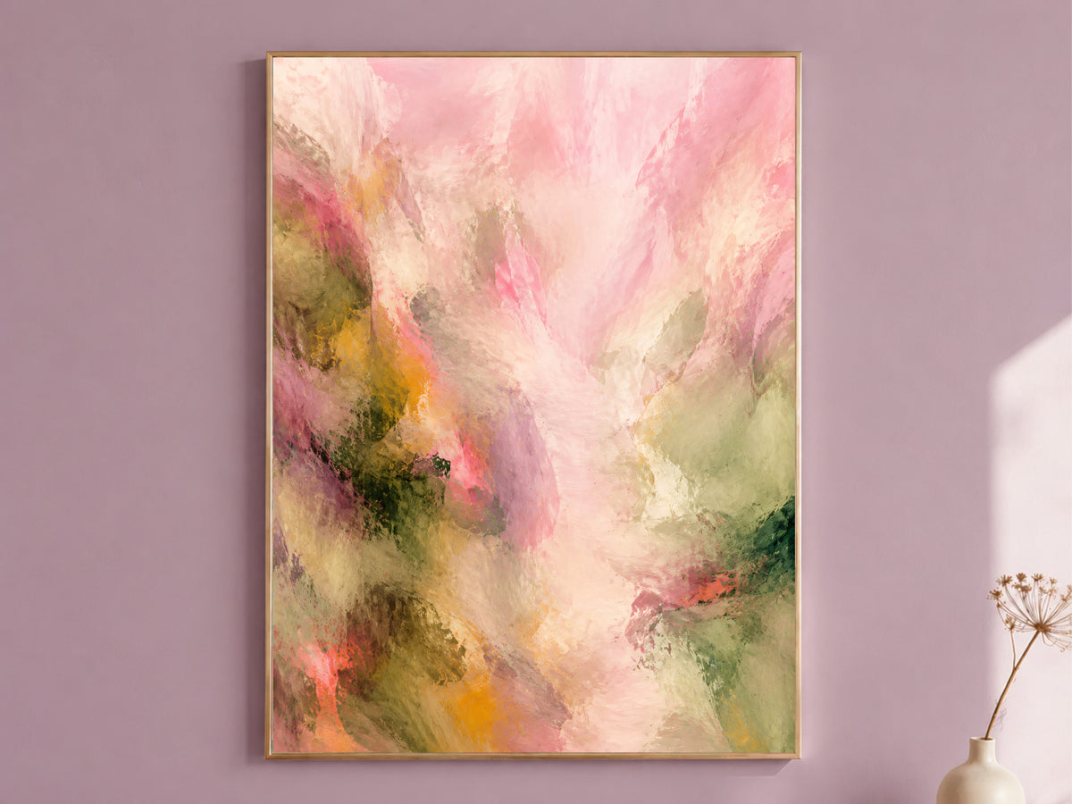 Pink Green Abstract Wall Art, Impressionist Floral Print - Digital Download
