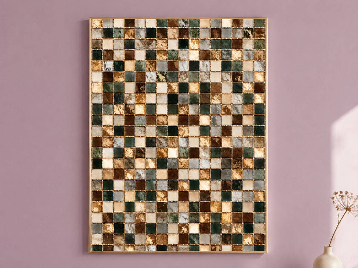 Brown and Green Mosaic Tile Wall Art Print, Earth Tone Tile Grid Painting with Gold Lines, Printable Warm Neutral Decor, Digital Download