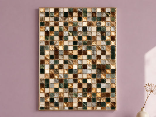Brown and Green Mosaic Tile Wall Art Print, Earth Tone Tile Grid Painting with Gold Lines, Printable Warm Neutral Decor, Digital Download