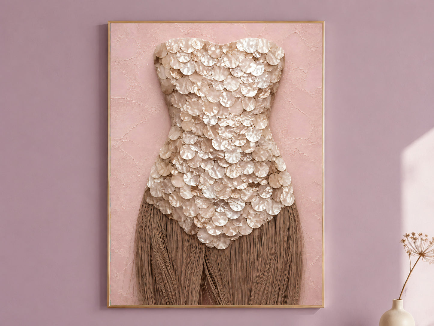 Mother of pearl wall art print in a thin gold frame with taupe fringe, displayed against a dusty mauve wall.