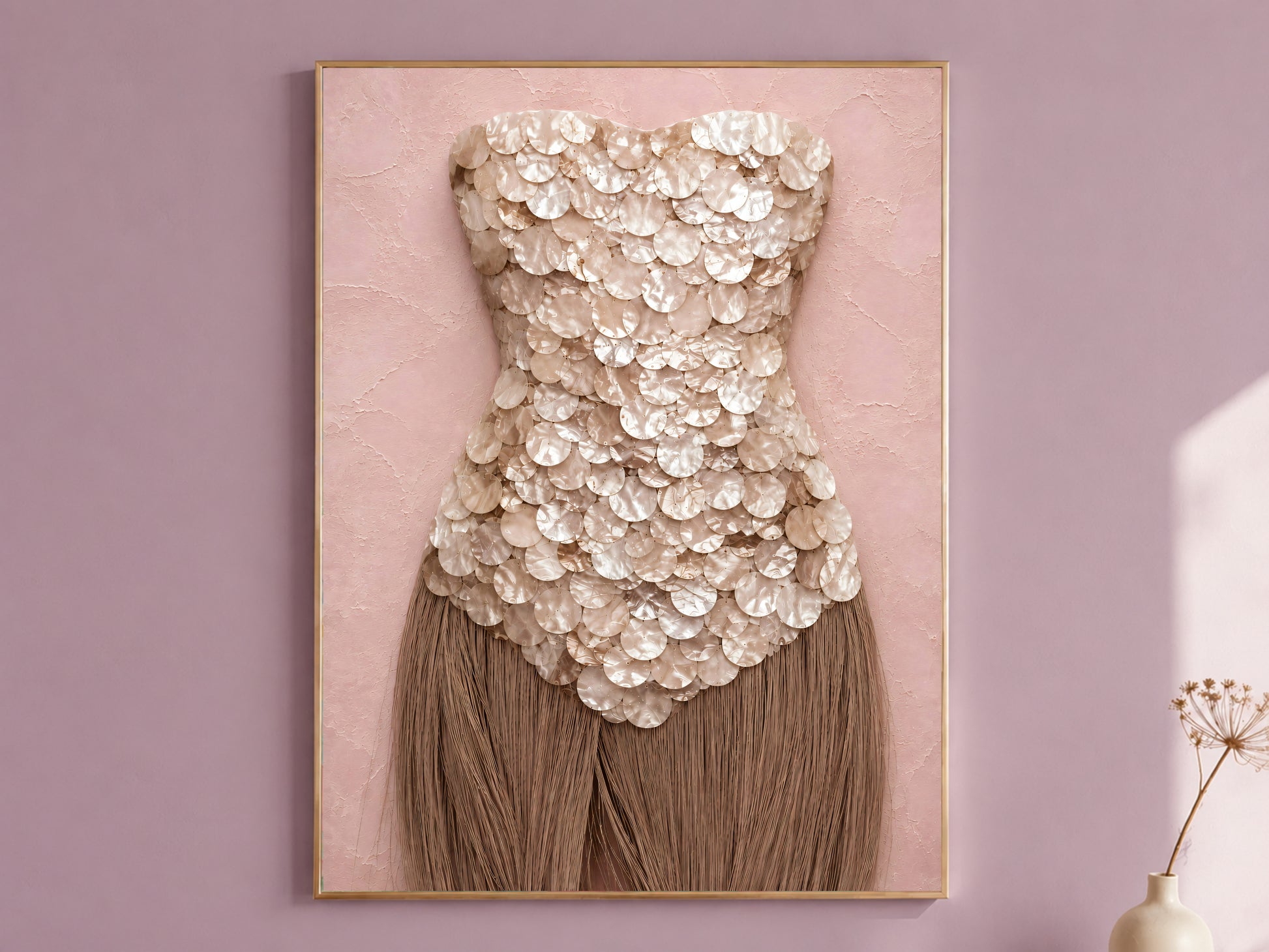 Mother of pearl wall art print in a thin gold frame with taupe fringe, displayed against a dusty mauve wall.