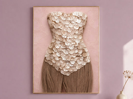 Mother of pearl wall art print in a thin gold frame with taupe fringe, displayed against a dusty mauve wall.