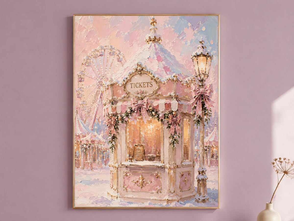 Pastel carnival wall art print of a pink ticket booth framed in gold, hung on a dusty mauve wall