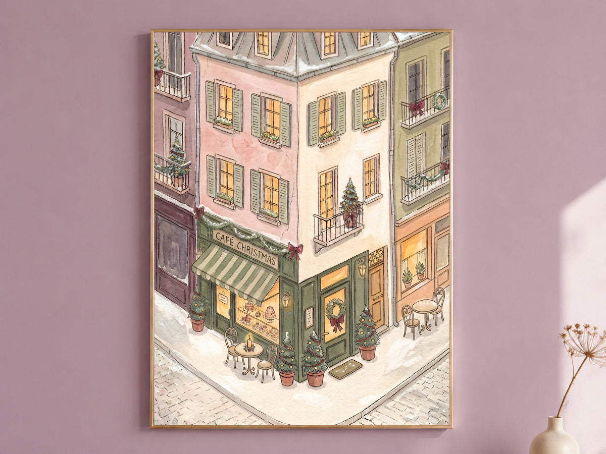 Christmas Cafe Print, Snowy Parisian Street Watercolor, Pastel Holiday Wall Art, Printable Digital Download