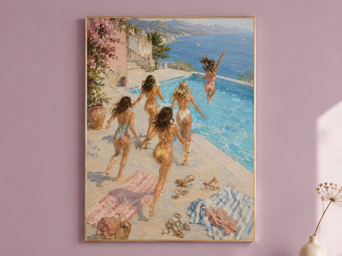 Girls trip Amalfi Coast infinity pool wall art print framed in gold on a mauve wall, digital download