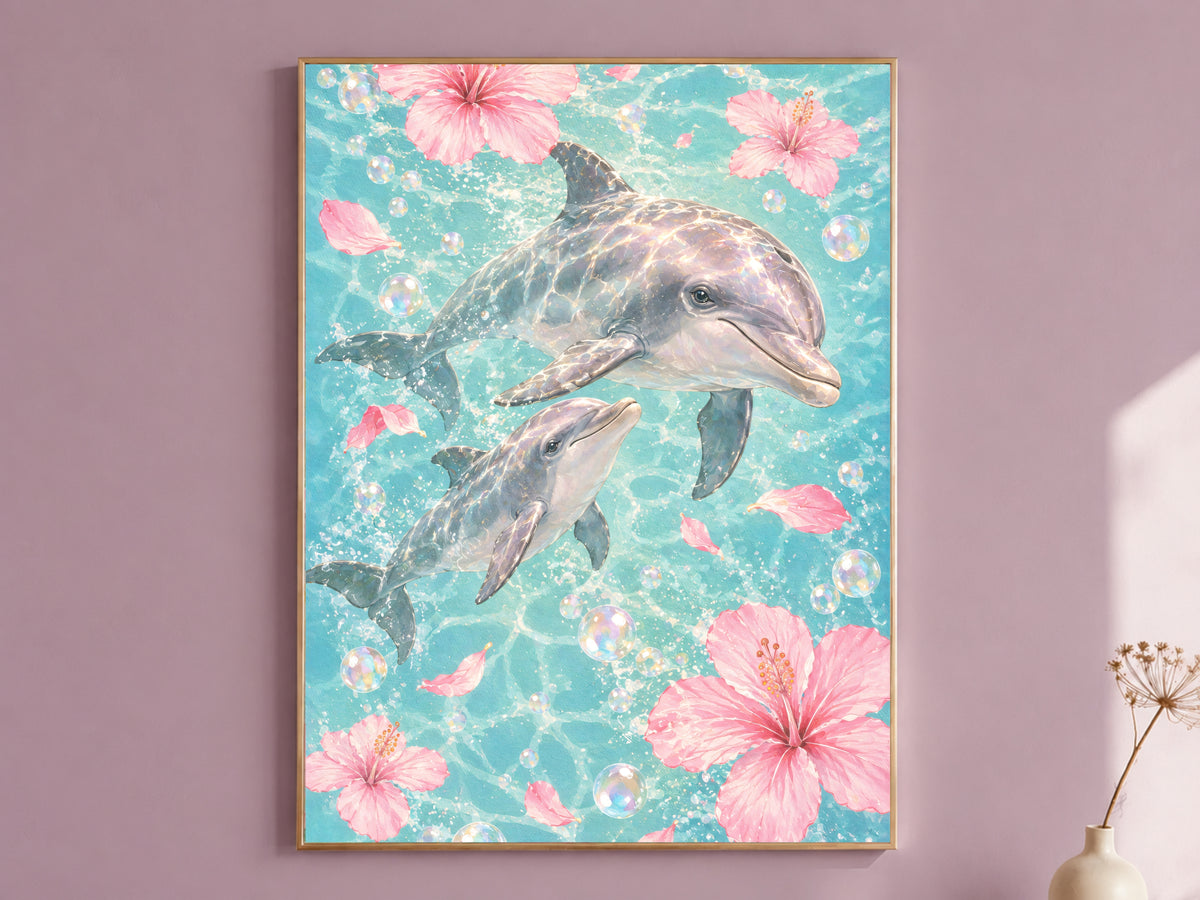 Dolphin Watercolor Wall Art, Mother Baby Dolphin Print - Digital Download
