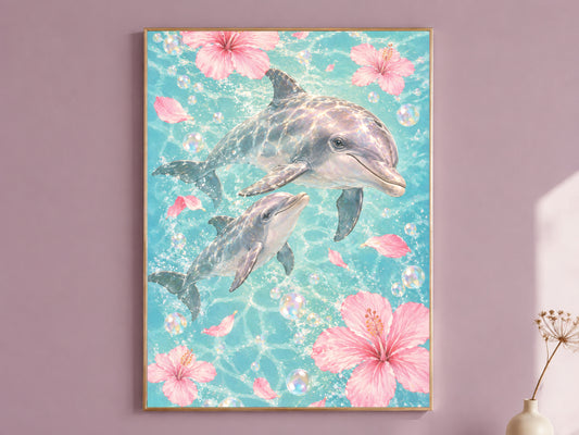 Dolphin Watercolor Wall Art, Mother Baby Dolphin Print - Digital Download