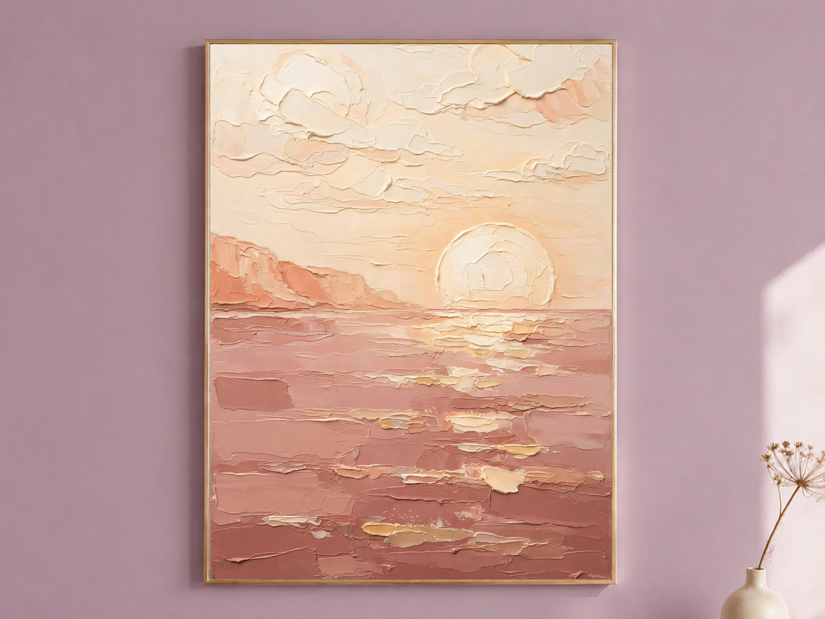 Terracotta Sunset Painting Print, Dusty Rose Sea Cliff Art, Boho Coastal Wall Art, Printable Digital Download