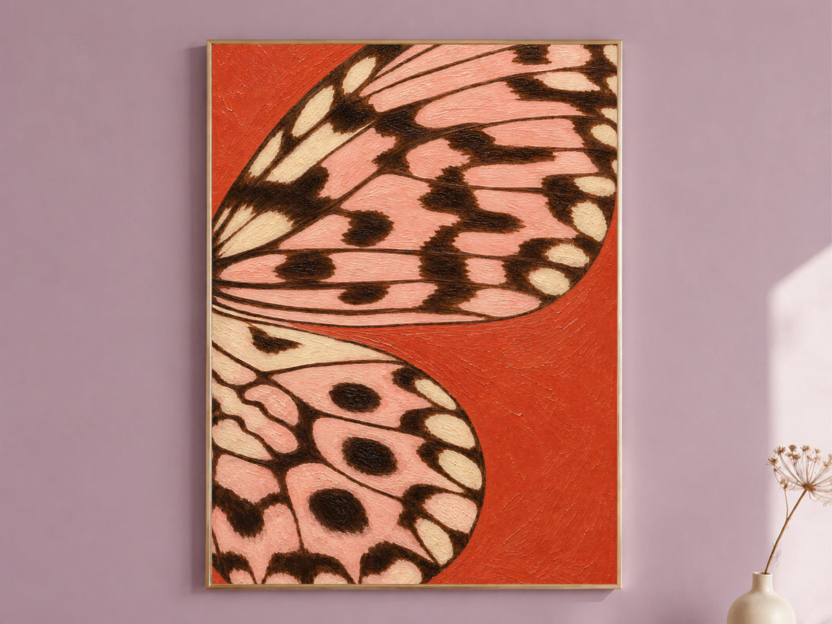 Framed tomato red and pink butterfly wing wall art print on a lavender accent wall