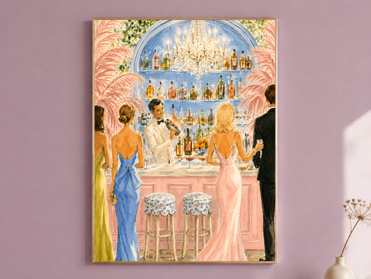 Riviera Cocktail Bar Wall Art, Preppy Pink Watercolor Print - Digital Download