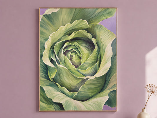 Cabbage wall art print in gold frame on mauve pink wall