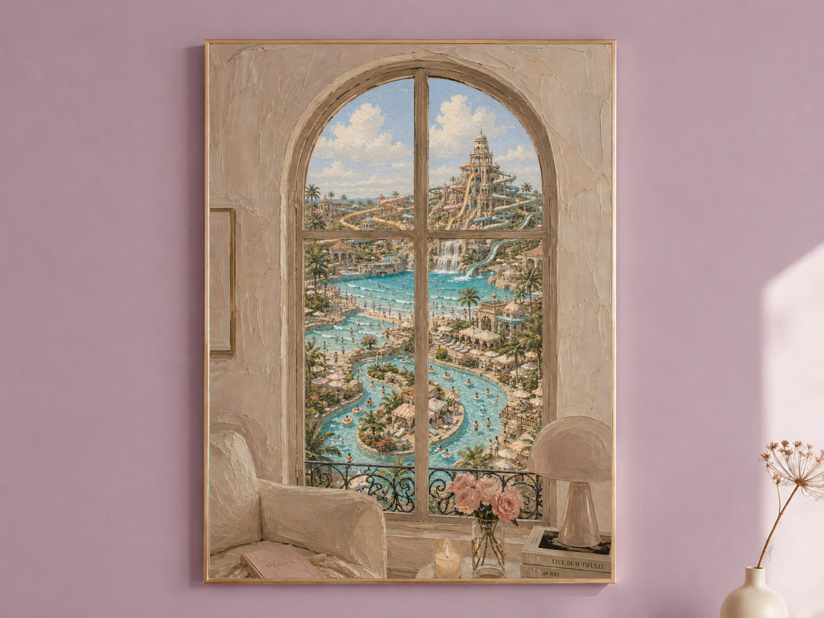 Water Park Window Wall Art, Resort Pool View Print - Digital Download